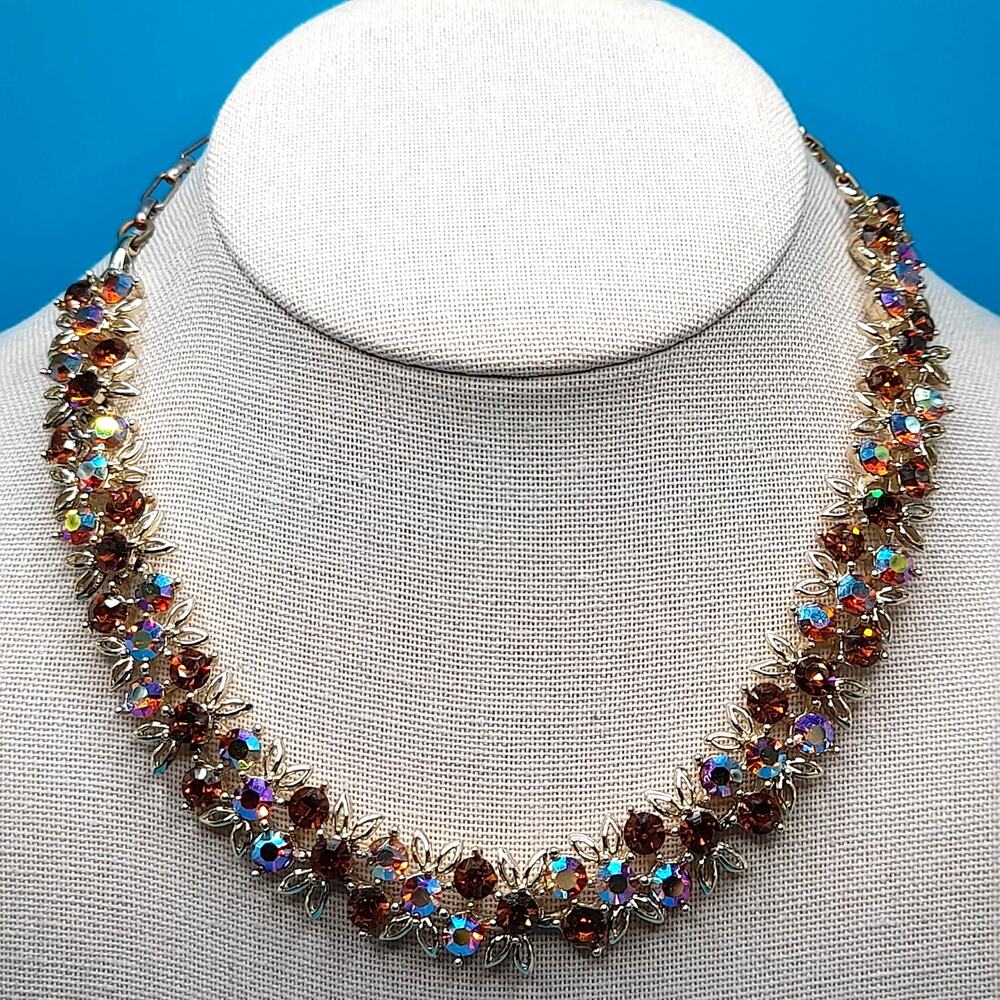 Vintage 1960s AB Rhinestone Choker Topaz Gold Tone Floral 16”